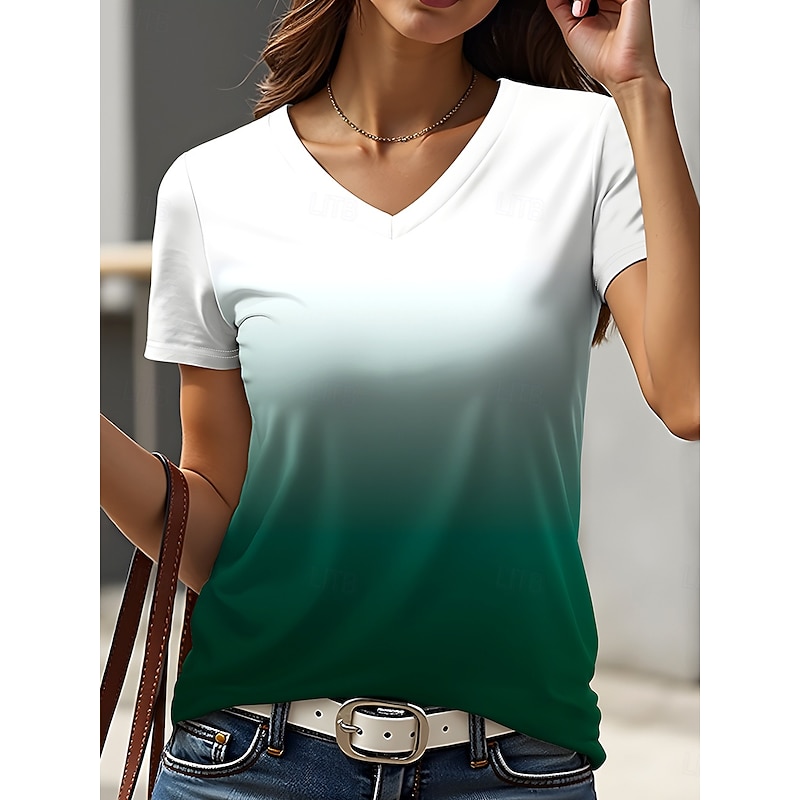 Women's T Shirt Graphic Gradient Vintage Stylish Classic Short Sleeve V Neck Regular Tops Daily Going out Weekend Print Navy Blue Dark Green Summer Spring Fall