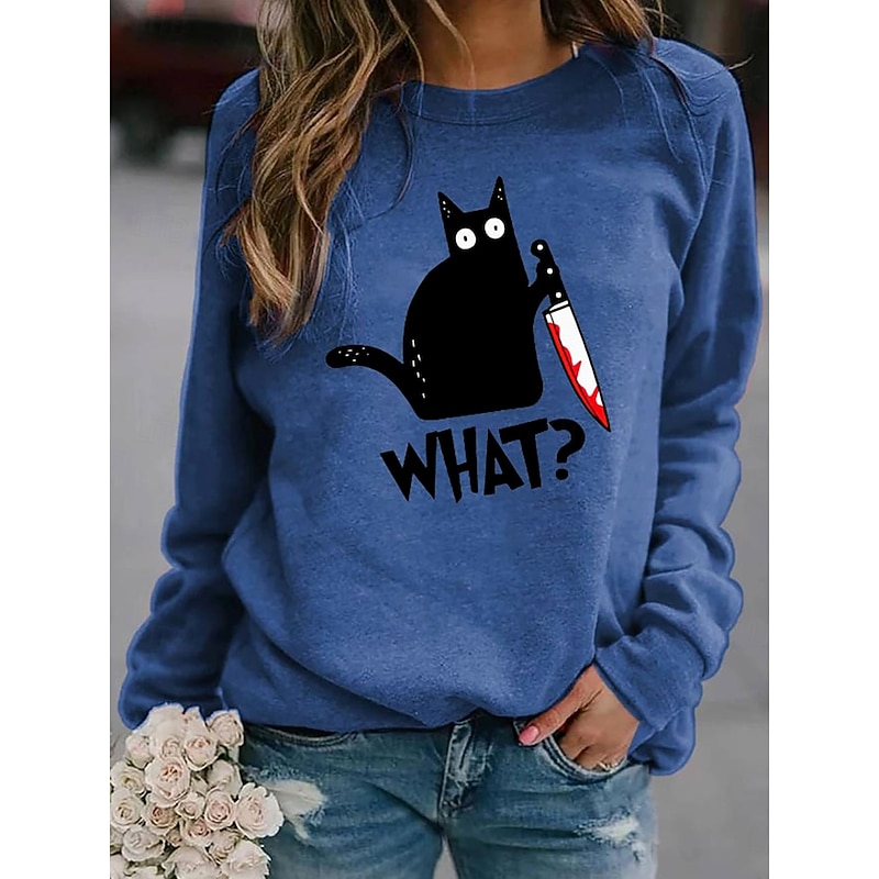 Halloween Women's Sweatshirts Black Cat Graphic Cat Letter Fashion Casual Long Sleeve Crew Neck Round Neck Regular Tops Street Dailywear Casual Print Blue Orange Brown Green Fall Winter3