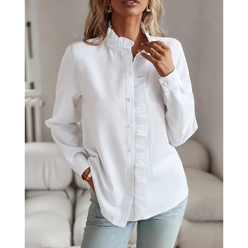 Women's Shirt Blouse Plain Modern Casual Long Sleeve Asymmetrical Regular Tops Daily Holiday Going out Ruffle Buttons Black White Pink Light Blue Fall4