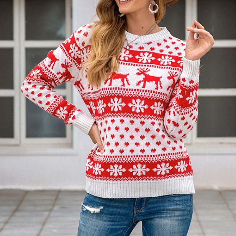 Women's Christmas Sweater Fair Isle Sweater Pullover Casual Reindeer Snowflakes Ribbed Crew Neck Knitted Print Long Sleeve Regular Tops Knit Christmas Daily Holiday Black White Winter3