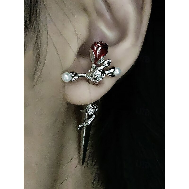 Women's Halloween Gothic Rose Dagger Earrings – Vintage Pearl and Crystal Drop Ear Jewelry for Costume Parties, Cosplay and Punk Fashion3