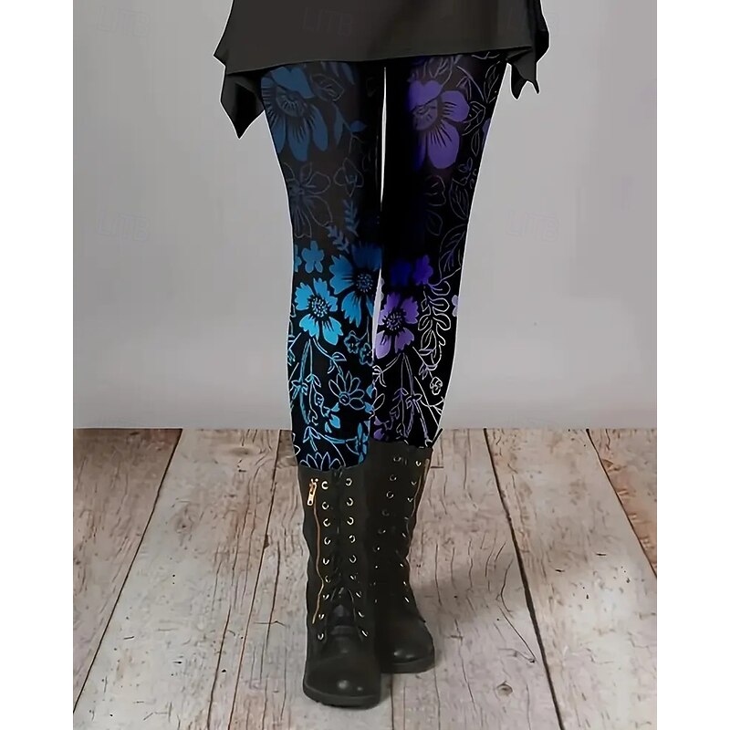 Women's Pants Trousers Leggings Cozy Leggings Streetwear Casual Full Length High Waist Floral Elastic Waist Print Breathability Comfortable Stretchy Vacation Street Daily Wear Blue Spring Fall