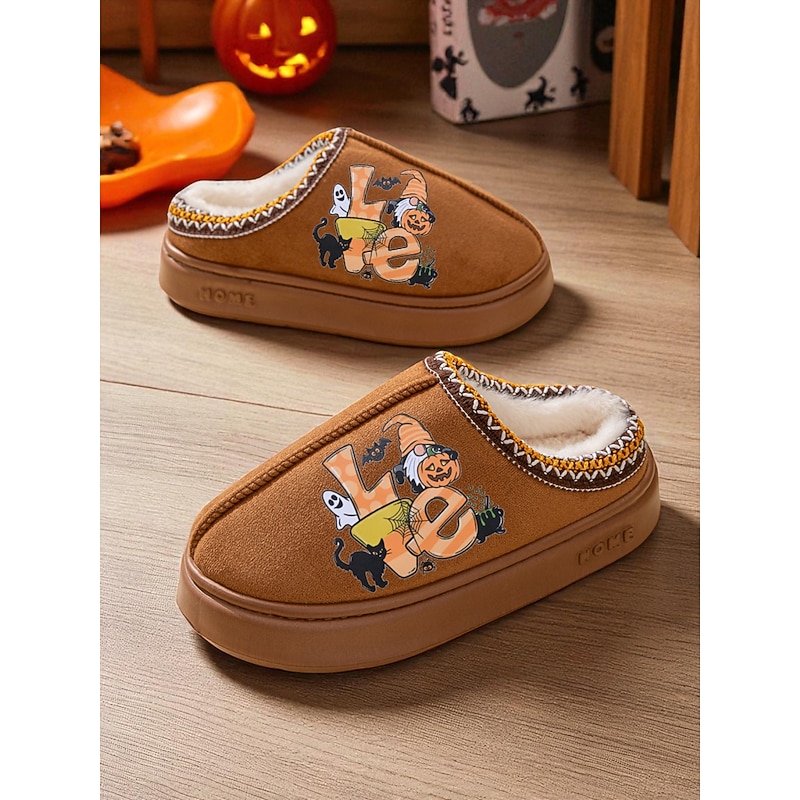 Women's Halloween Fleece-Lined Slippers – Cozy Indoor House Shoes with Cartoon Pumpkin Print, Soft Anti-Slip Sole, Warm Fall Winter Style for Home and Holiday Gifts2