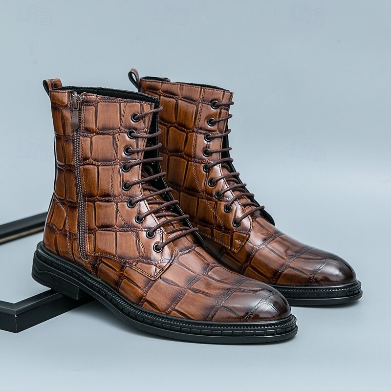 Men's Brown Crocodile Pattern Lace-Up Boots, Vintage Business Casual Shoes for Office and Formal Occasions2