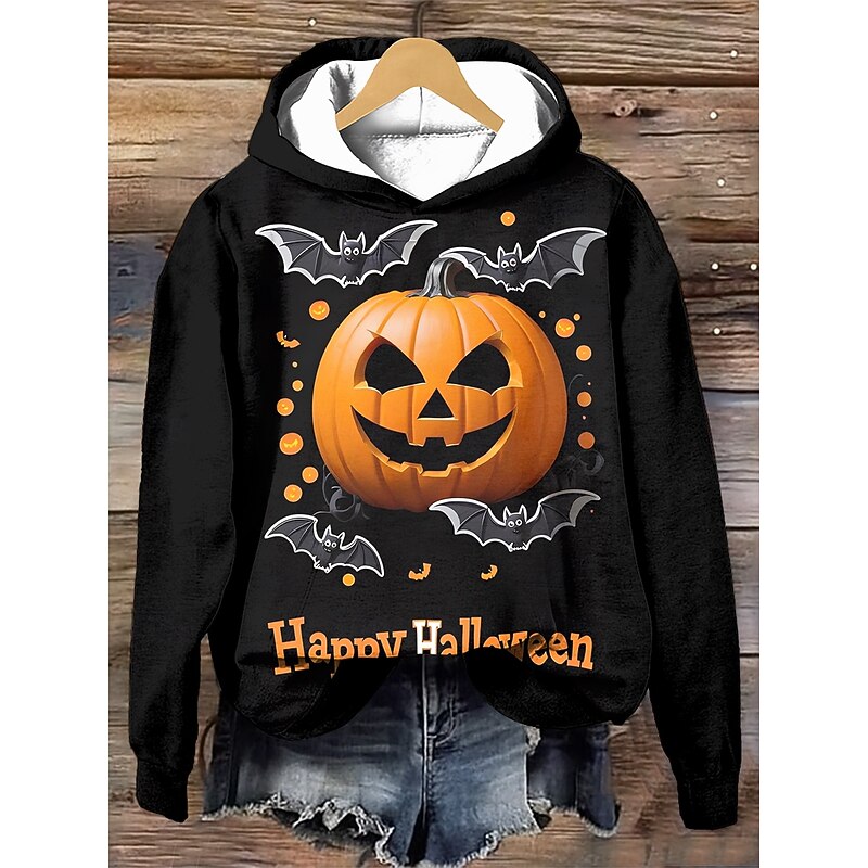 Halloween Women's Hoodie Pullover Sweatshirt Oversized Long Sleeve Casual Pumpkin Graphic Skull Fashion Print Hooded Street Dailywear Drawstring Print White Blue Purple Orange Brown Fall W
