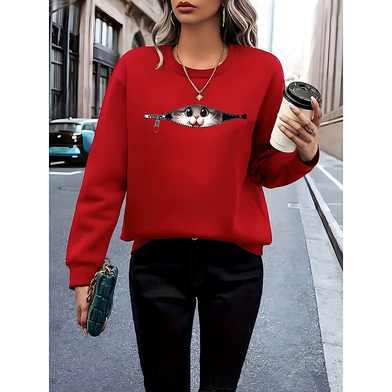 Women's Pullover Sweatshirt Graphic Animal Cat Warm Active Vintage Long Sleeve Crew Neck Regular Tops Street Dailywear Casual Patchwork Print Black Red Blue Light Grey Spring Fall Winter