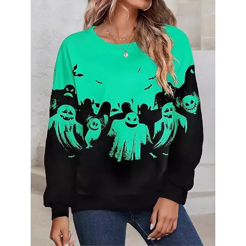 Halloween Women's Pullover Sweatshirt Hoodies Ghost Graphic Fashion Casual Long Sleeve Crew Neck Regular Tops Street Dailywear Print Blue Purple Orange Green Spring Fall Winter2