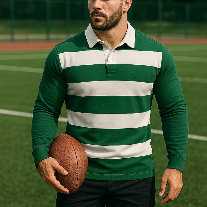 Men's Horizontal Stripes Rugby Polo Long Sleeve Polo Shirts Collared Shirts Casual School Outdoor Athleisure 3D Print Spring Fall Winter Green