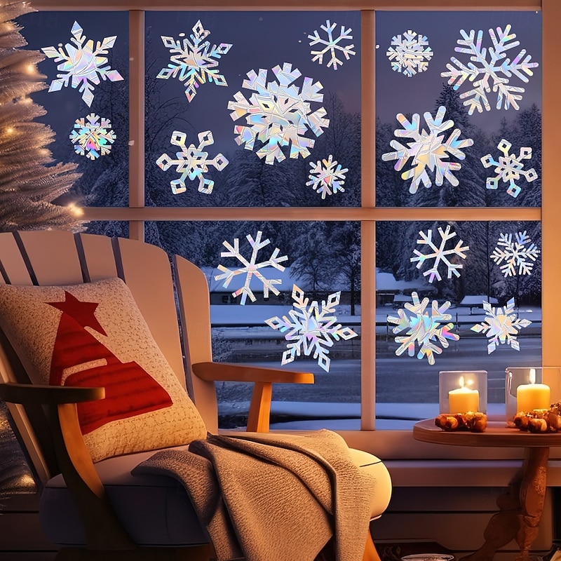 Christmas Snowflake Window Clings for Glass Windows Decorations, Iridescent Static Snowflake Window Decal Stickers for Christmas Windows Decor4