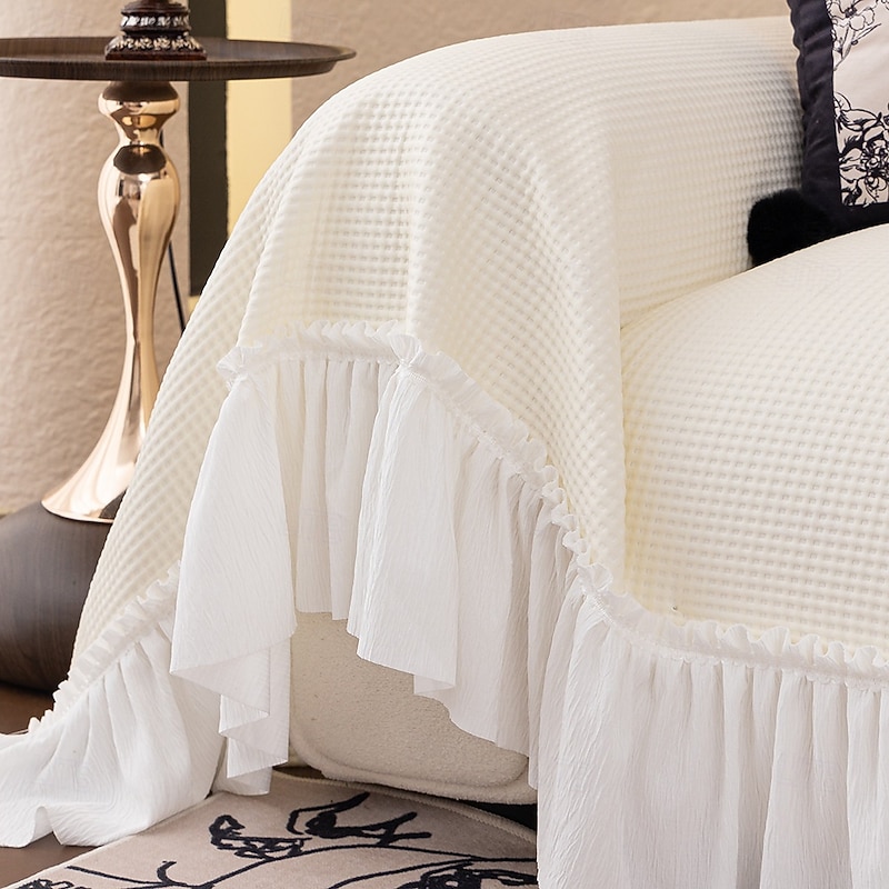 French Style Couch Cover for Pets, Pet Friendly Cream Solid Color Sofa Throw Blanket with Lace, Full-Cover Anti-Scratch Sofa Cushion Protector, Elegant Slipcover for Living Room Decor3