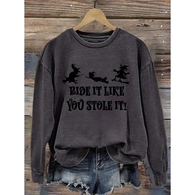Halloween Women's Pullover Sweatshirt Witch Graphic Fashion Casual Long Sleeve Crew Neck Round Neck Regular Tops Street Dailywear Casual Print Black White Blue Orange Brown Fall Winter Spooky Island3
