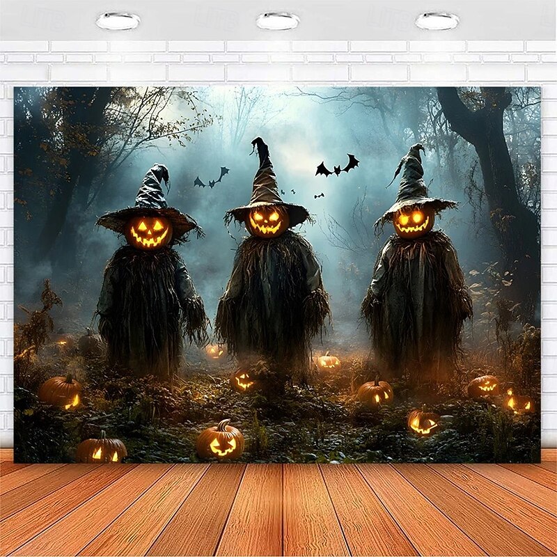 Halloween Wall Tapestry backdrop – Three Creepy Pumpkin Head Witches in Foggy Haunted Forest with Glowing Jack-O'-Lanterns and Bats, Spooky Wall Hanging Decoration for bedroom and living room