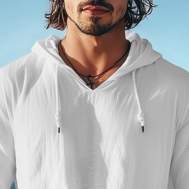 Men's Cotton Linen T Shirt Long Sleeve Hooded Summer Spring Fall Plain Basic Modern Casual Drawstring Basic Hooded Home Street Casual Pink White Blue Top Tee for Men2
