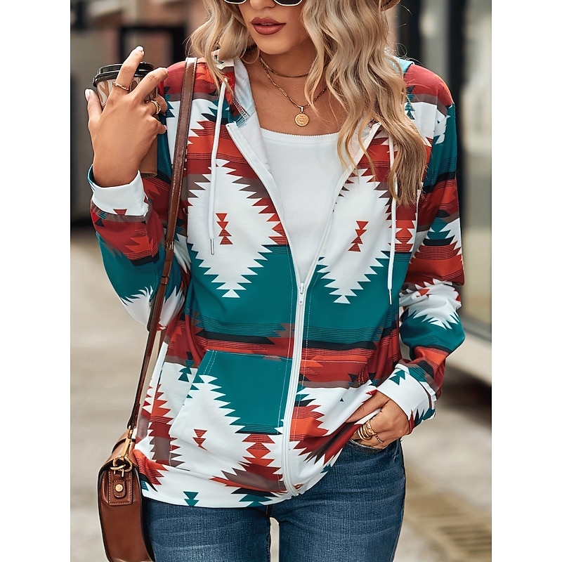 Women's Zip Up Hoodies Graphic Geometric Fashion Casual Long Sleeve Hooded Regular Tops Street Dailywear Zipper Pocket Print Pink Blue Gray Spring Fall