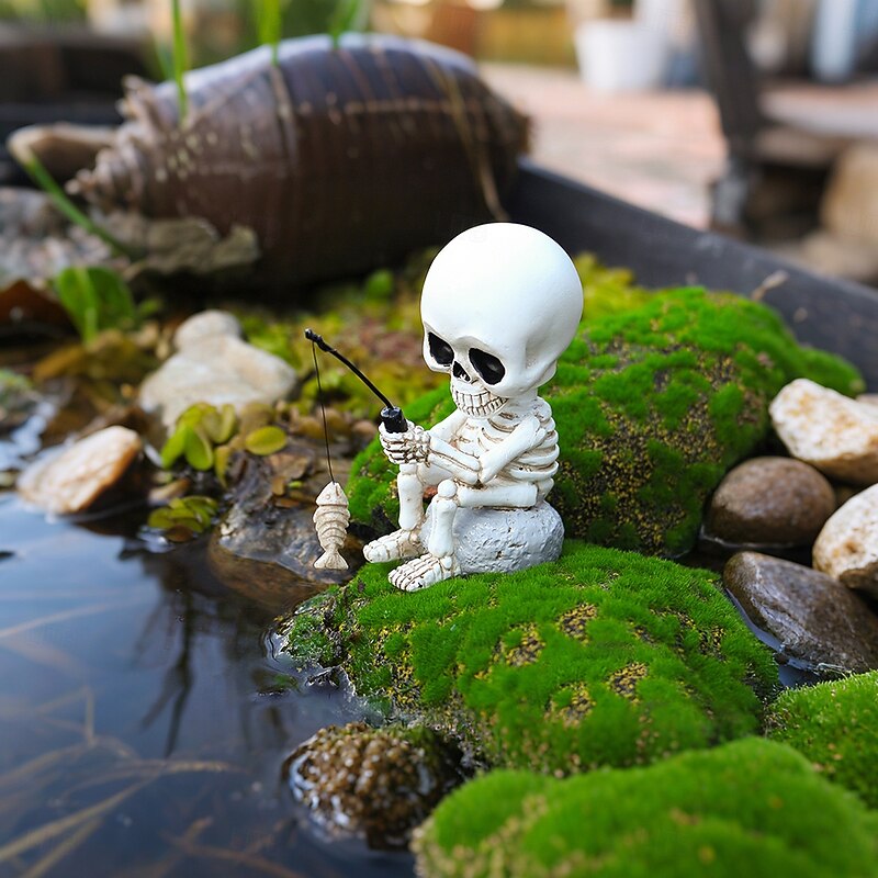 Halloween Resin Bobblehead Fishing Skeleton, Outdoor Yard Lawn Planter Balcony Decoration Ornament