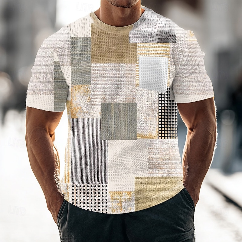 Men's Geometric Waffle Shirt Short Sleeve T shirt 3D Print Crew Neck Shirt Fashion Daily Designer Street Casual Daily Light Pink Blue Khaki Summer Spring Clothing Apparel S M L XL XXL XXXL