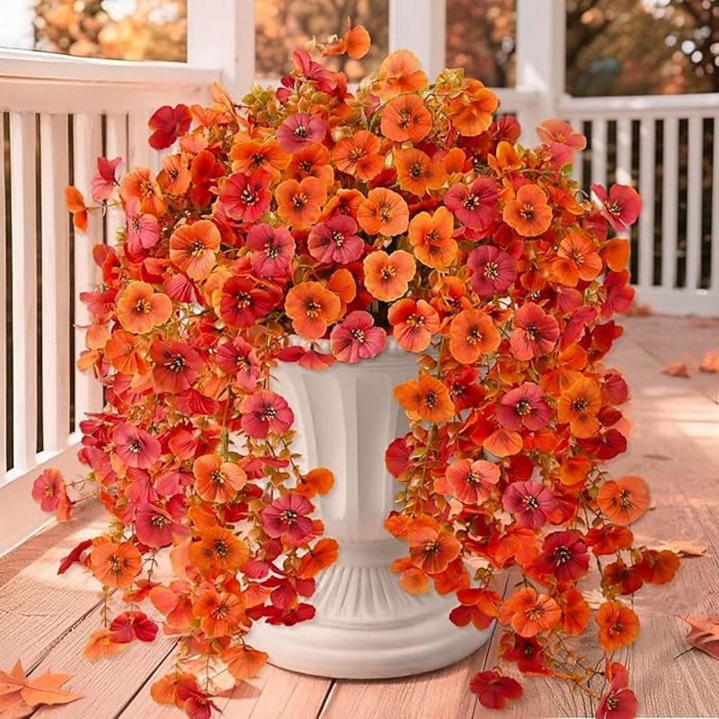 4 Pack Artificial Fall Flowers for Outdoor Faux Pansy Fake Mums Plant Hanging Flowers Outdoor Fall Decor UV Resistant No Fade Silk Flower for Front Door Porch Planter Patio Yard Garden(Orange Golden)2