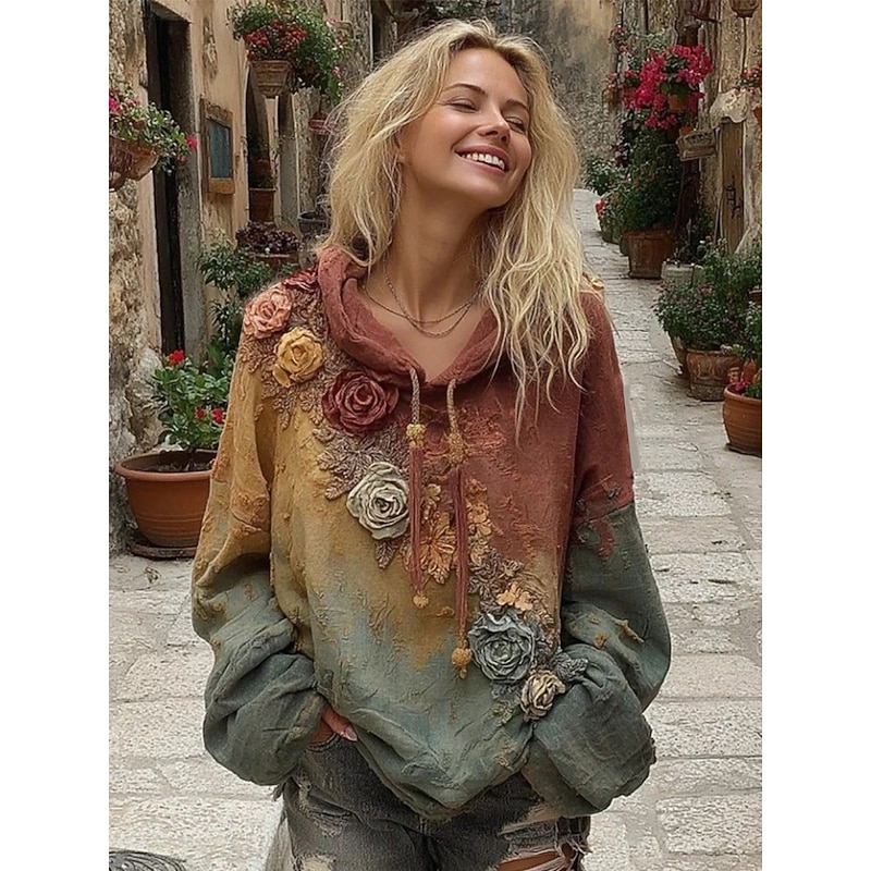 Women's 3D Print Vintage Boho Hoodie Patchwork Hoodie Sweatshirt Floral Pullover Sweatshirt Oversized Casual Warm Active Hooded Street Dailywear Patchwork Purple Spring Fall Winter4