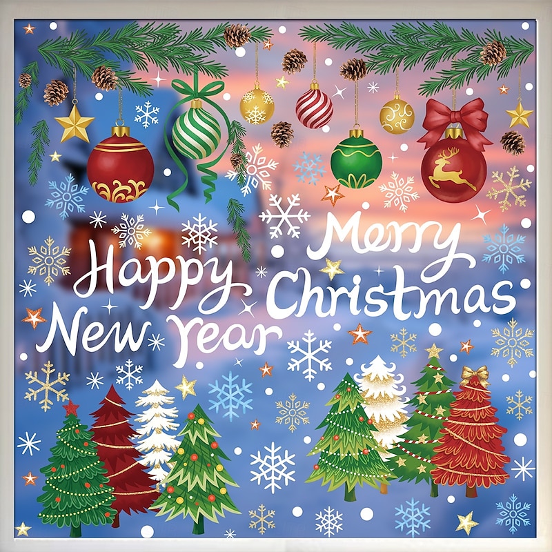 5 Sheet Christmas Window Cling Wall Sticker Decals Decorations, Creative Colorful Hanging Ornaments, Snowflakes & Christmas Trees, Static Cling, Holiday Home & Store Decor