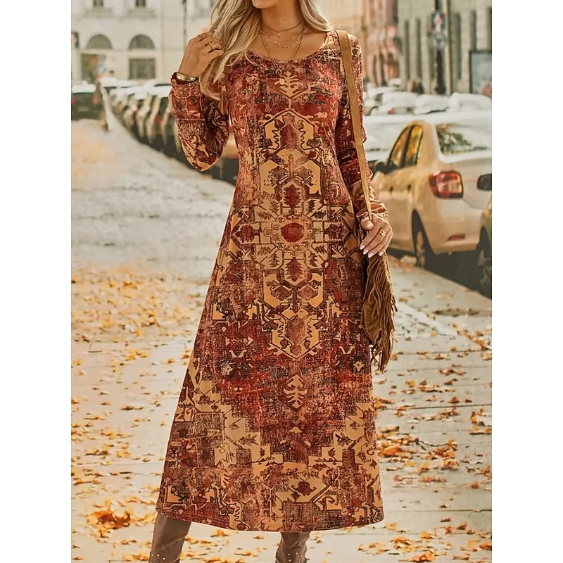 Women's Maxi Dress Sheath Dress A Line Dress Vacation Casual Beach Daily Regular Fit Graphic Geometric Long Sleeve Crew Neck Orange Spring Fall Winter2