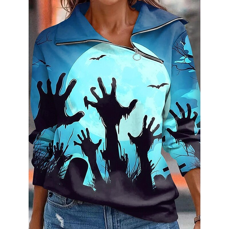 Halloween Women's Sweatshirts Casual Long Sleeve High Neck Regular Tops Dailywear Casual Yellow Blue Orange Dark Blue Beige Fall Winter4