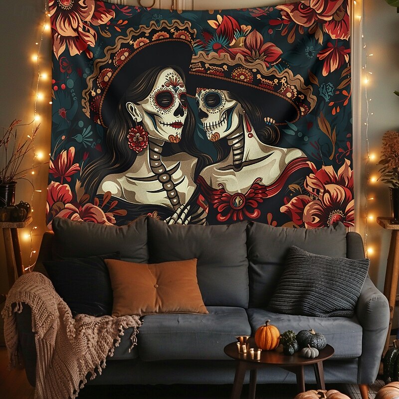 Day of the Dead Tapestry Banners Wall Hangings Skeleton Flower Mexico Dark Punk Gothic Style Party Dorm Shooting Backgrounds Home Decor3