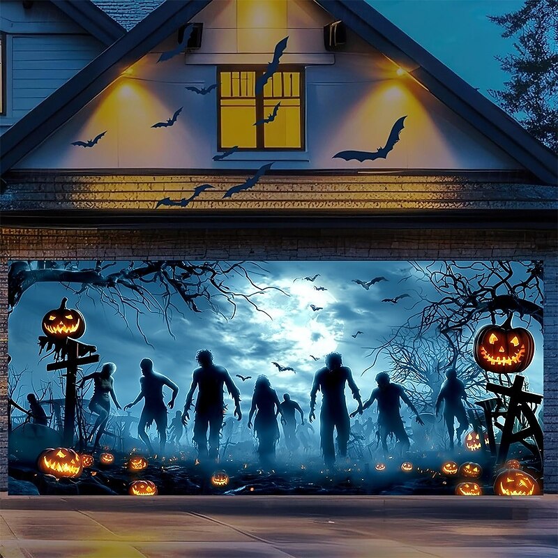 Halloween Garage Door Cover Zombie Silhouettes Banner Full Moon Foggy Graveyard Scene with Pumpkin Lanterns Horror Backdrop Tapestry for Outdoor Decoration