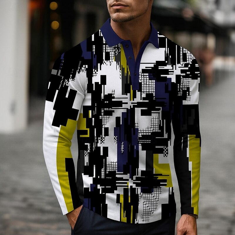 Men's Abstract Geometic Polo Long Sleeve Polo Shirts Lapel Casual Street Athleisure Daily Wear 3D Print Buttons Spring Fall Winter Black
