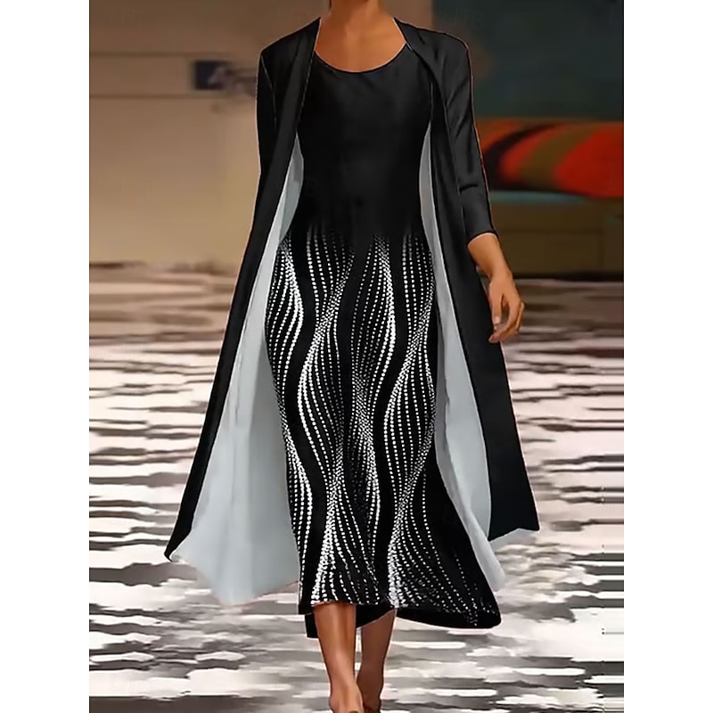 Women's Dress Set Maxi Dress Shift Dress Summer Dress Casual Graphic Geometric Layered Print Maxi Dress 3/4 Length Sleeve Crew Neck Daily White Red Spring Fall Regular Fit4