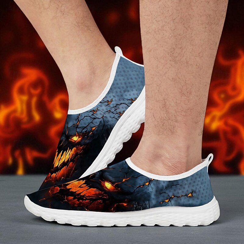 Men's Mesh Slip-On Sneakers with Fiery Skull Print – Casual Halloween Festival Shoes for Party, Travel and Daily Wear4