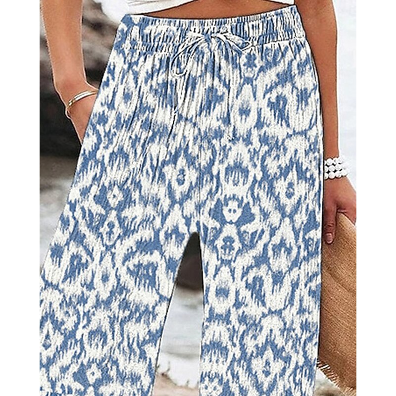 Women's Wide Leg Pants Trousers Palazzo Pants Fashion Boho Full Length High Waist Abstract Drawstring Elastic Waist Print Breathability Comfortable Street Daily Wear Going out Blue Spring Fall2
