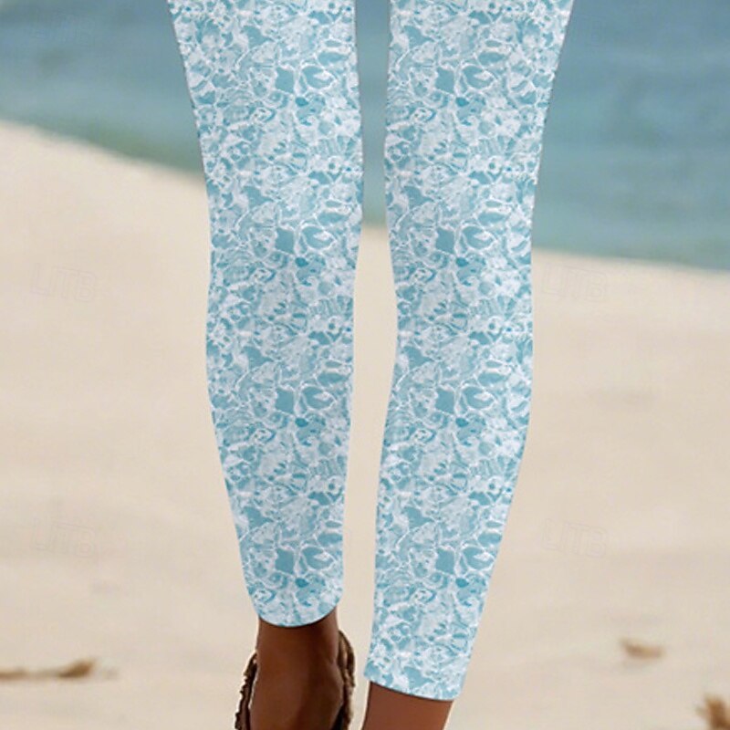Women's Pants Trousers Leggings Cozy Leggings Streetwear Casual Full Length High Waist Pattern Elastic Waist Print Breathability Comfortable Stretchy Vacation Street Daily Wear Light Blue Summer3