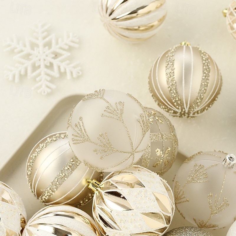 16 pcs Christmas Tree Balls Baubles Ornaments, 8 cm/3.15 inch Xmas Decoration, Light Champagne White Shaped Painted Hanging Set, Tree Accessories for Holiday Decor4