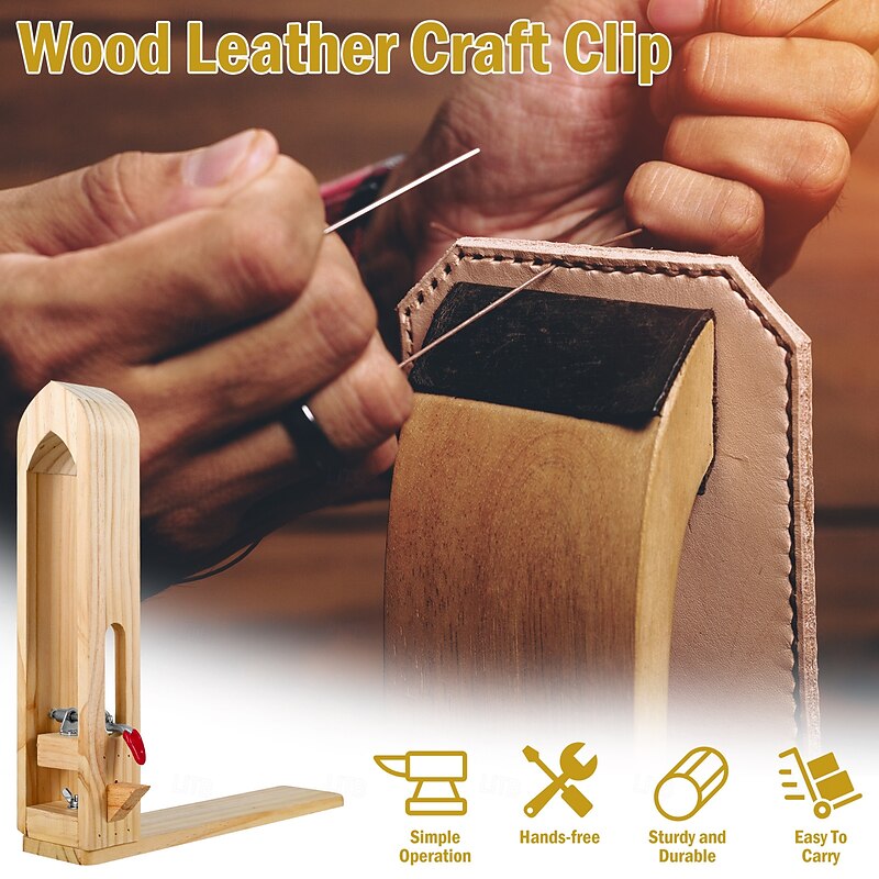 Sturdy Adjustable Clamp - Durable Wood Faux Leather Stitching Clamp - Portable Handheld Craft Clip for Secure Sewing Fixation