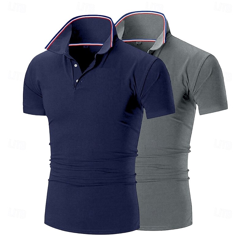 2 Piece Men's Golf Shirt Pique Polo Shirt Business Casual Ribbed Polo Collar Short Sleeve Fashion Basic Solid Color 2 Pcs Buttons Summer Spring & Fall All Seasons Golf Shirt - Main Image