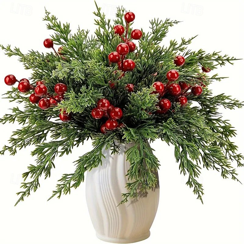Artificial Christmas Flowers with Red Berry Stems, Fake Norfolk Pine Garland Branches for Winter Decor, Faux Christmas Garland Tree Picks and DIY Crafts