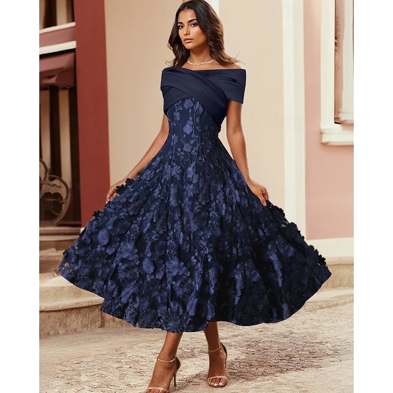 A-Line CocktailDresses Elegant Dress Formal Wedding Tea Length Sleeveless Shirt Collar Satin with Pleats Ruched Embroidered Applique3