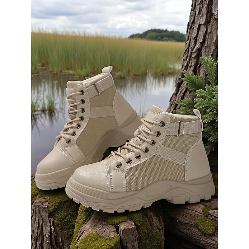 Women's Beige Lace-Up Combat Boots – Faux Leather and Canvas Ankle Boots with Chunky Sole for Hiking, Outdoor Adventures, Travel and Casual Streetwear