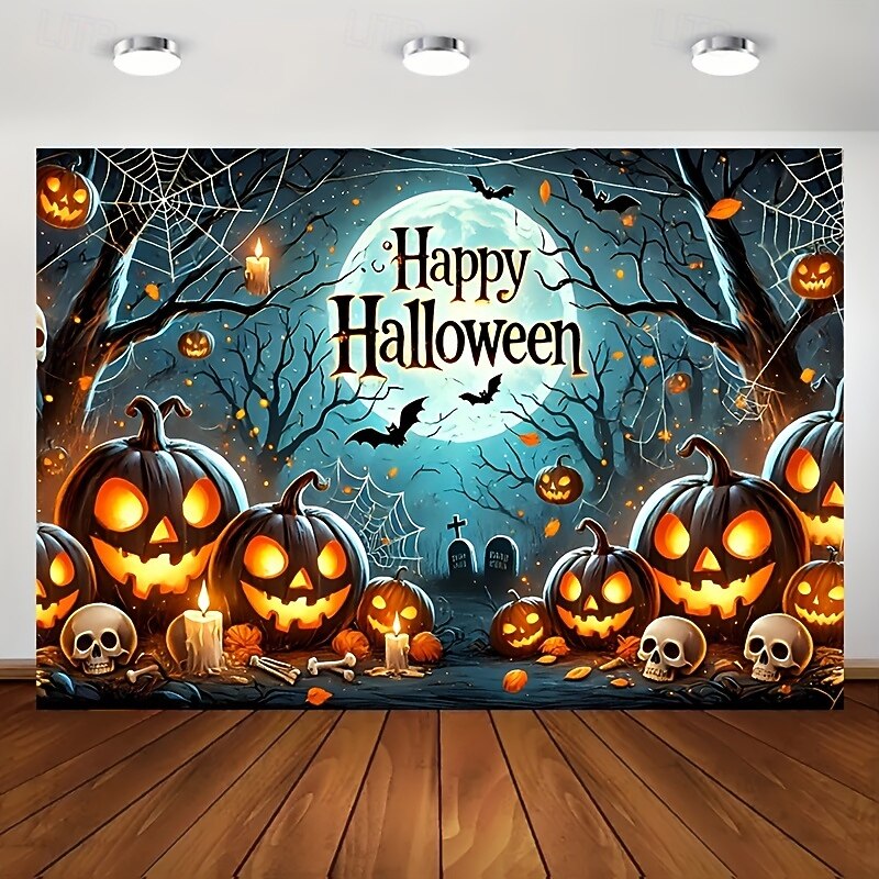 Halloween Tapestry – Happy Halloween Wall Hanging with Glowing Pumpkins, Skulls, Moonlight Forest and Spider Webs, Party Backdrop for Home or Bedroom Decor