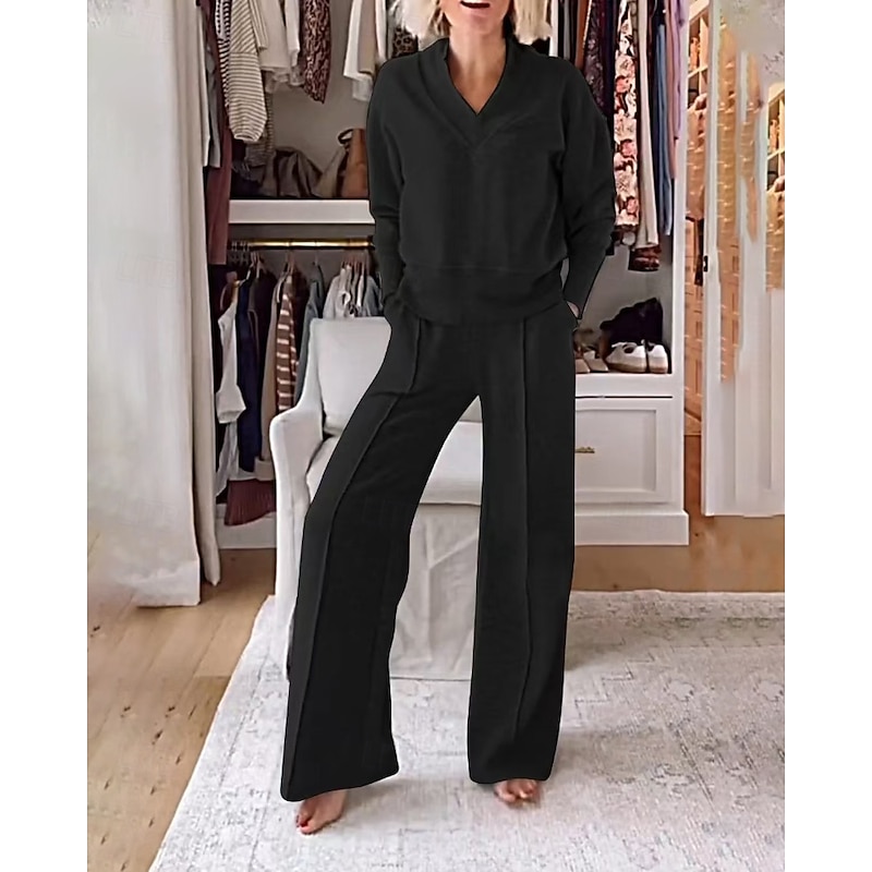 Women's Active Streetwear Blouse Pants Sets Long Sleeve V Neck Solid Color Outdoor Vacation Black White Pink Fall Regular Fit2