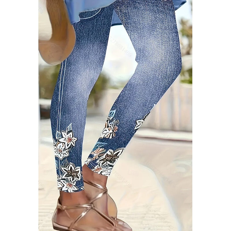 Women's Leggings Vacation Vintage Ethnic Style Ankle-Length High Waist Floral Graphic 3D Print Quick Dry Breathability Soft Stretchy Outdoor Home Causal White Navy Blue Blue Spring Fall Slim Fit