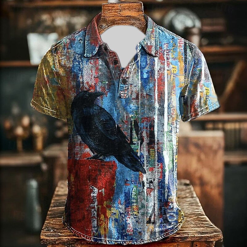 Men's Oil Painting Polo Short Sleeve Polo Shirts Collared Shirts Vintage Casual Athleisure Daily Wear 3D Print Buttons Summer Blue