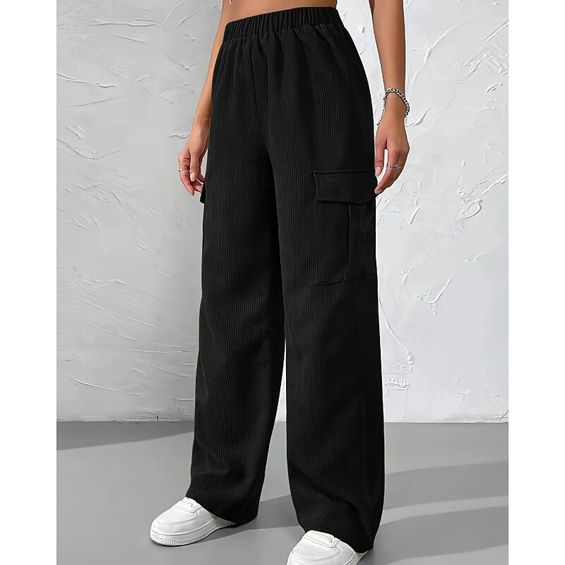 Women's Wide Leg Slacks Streetwear Casual Full Length Natural Plain Pocket Elastic Waist Comfortable Street Daily Wear Weekend Black Brown Fall Regular Fit4