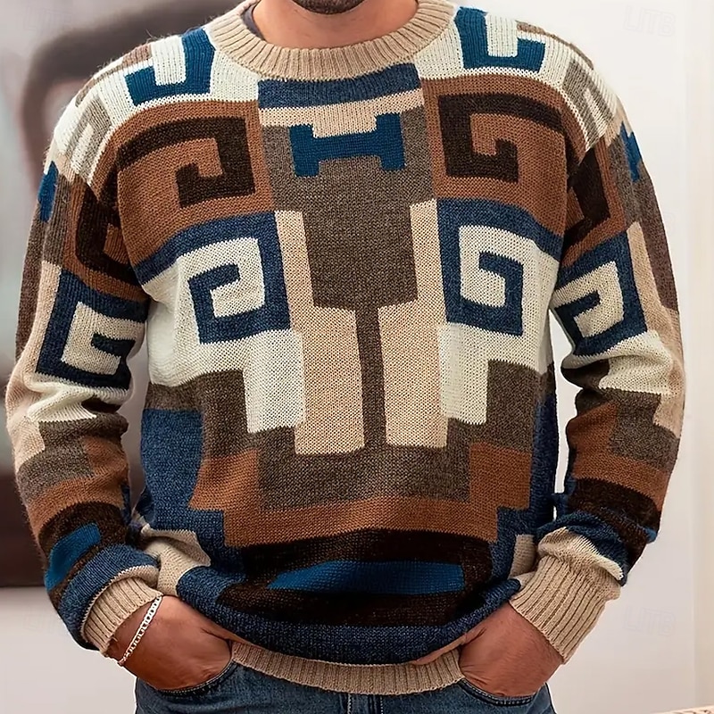 Men's Color Block Pullover Sweater Jumper Knitwear Crewneck Casual Vacation Home Daily 3D Print Knitting Keep Warm Long Sleeve Spring Fall Winter Brown