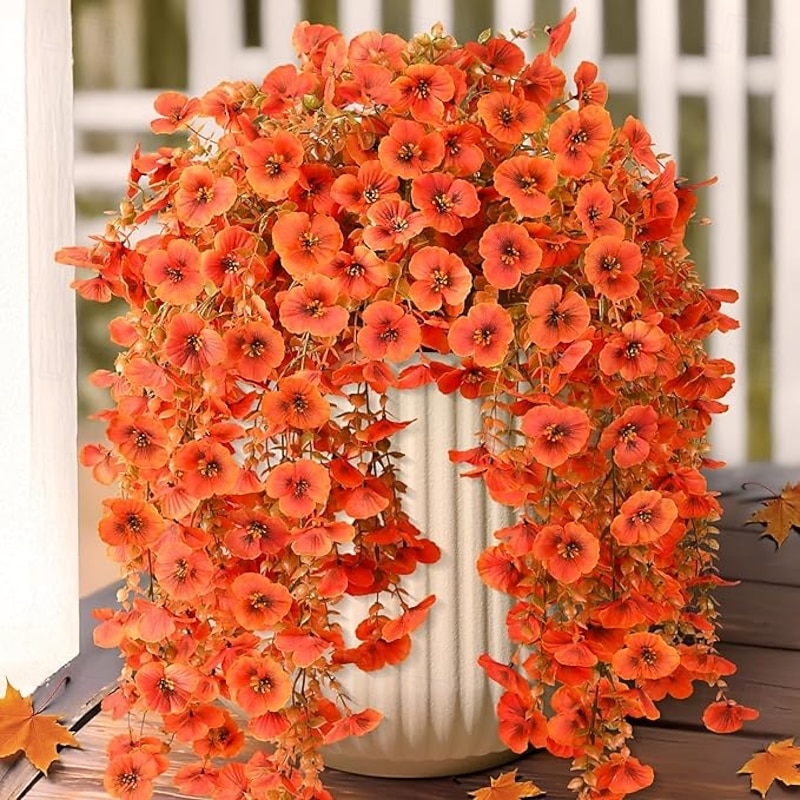 4 Pack Artificial Fall Flowers for Outdoor Faux Pansy Fake Mums Plant Hanging Flowers Outdoor Fall Decor UV Resistant No Fade Silk Flower for Front Door Porch Planter Patio Yard Garden(Orange Golden)