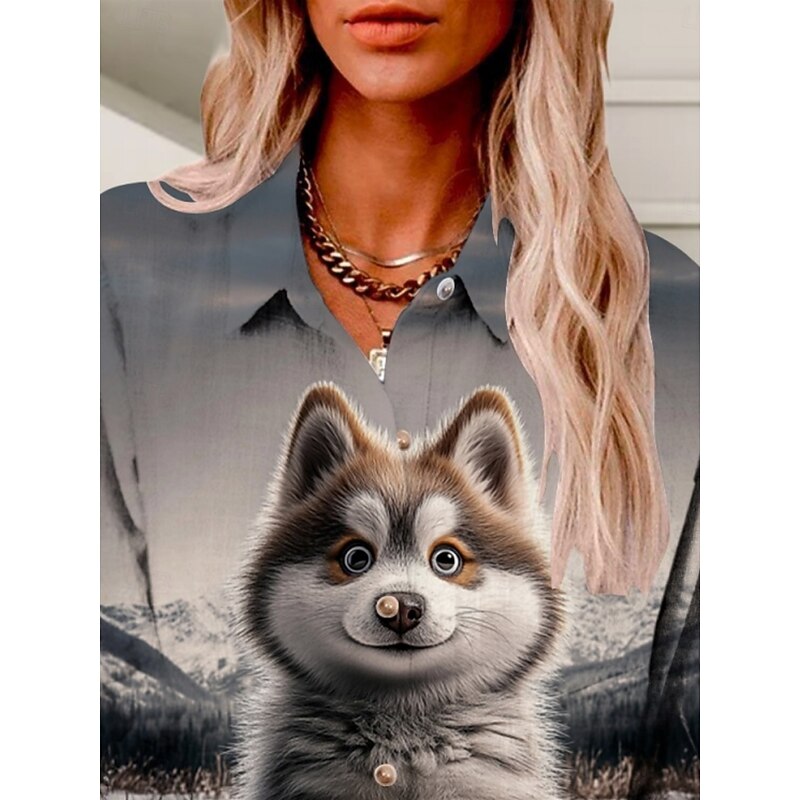 Women's Shirt Animal Active Daily Stylish Long Sleeve Shirt Collar Regular Tops Daily Holiday Buttons Print Gray Summer Spring Fall3
