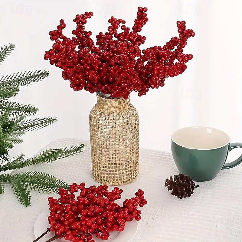 12/24pcs Christmas Red Artificial Berry Stems – 8.66 Inch (22cm) Christmas Tree Picks for DIY Crafts, Wedding, Home Decor, and Holiday Party Supplies3