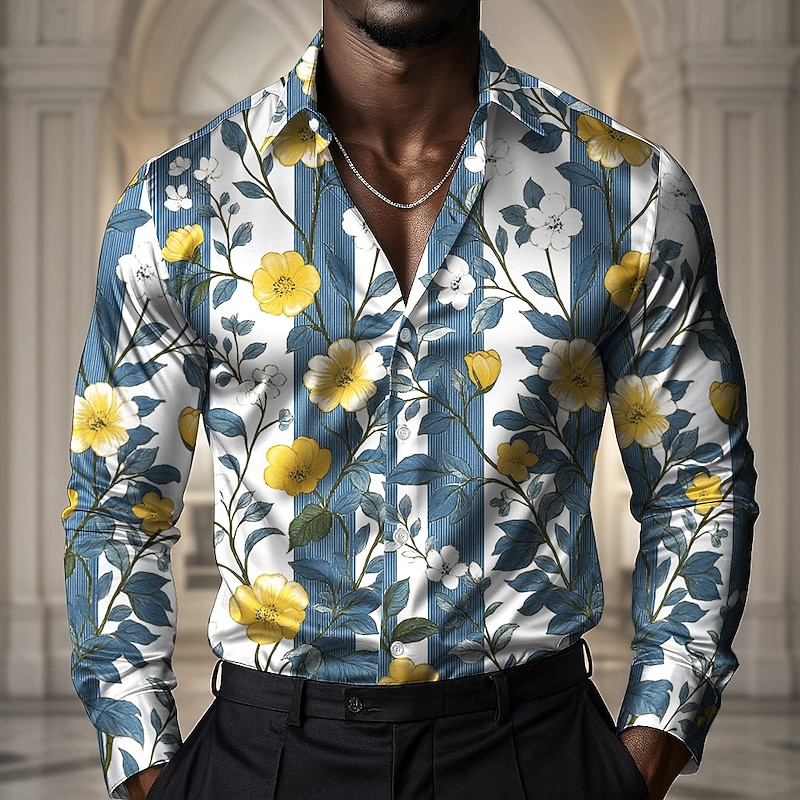 Men's Striped Floral Print Flowers Shirt Satin Shirt Dress Shirt Long Sleeve Fashion Casual Vacation Dailywear Summer Spring Fall Turndown 3D Print Button Up Shirts White blue Khaki