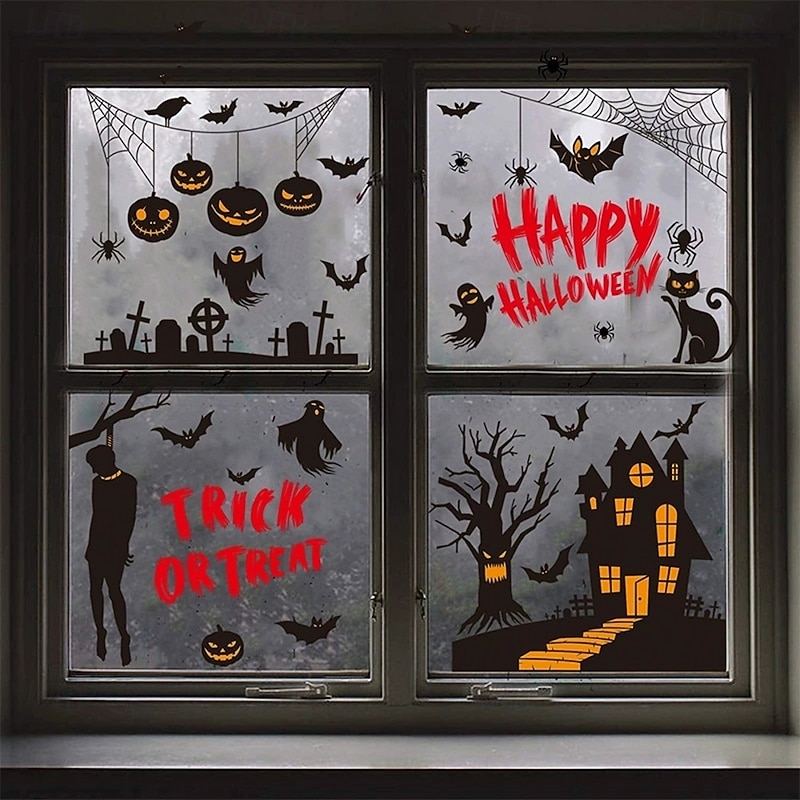 9 Sheets Halloween Window Clings Set – Reusable Static Stickers with Pumpkins, Ghosts, Bats & Haunted House Designs for Holiday Party Glass Decor3