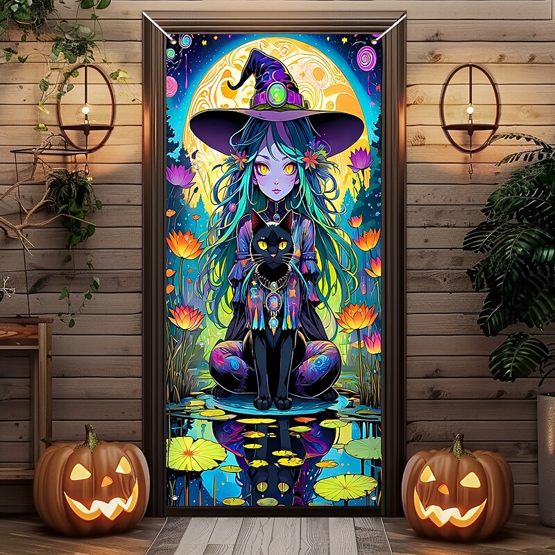 Halloween Door Cover Outdoor Banners Witch Cat Anime 3D Party Outdoor Shooting Backgrounds Front Door Wall Porch Home Decor3
